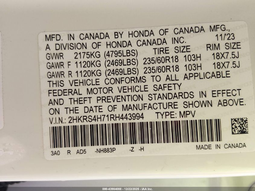 2024 Honda Cr-V Ex-L Awd VIN: 2HKRS4H71RH443994 Lot: 43984088