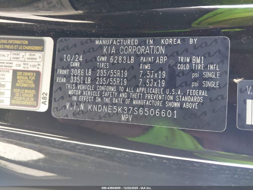 2025 Kia Carnival Mpv Sx Prestige VIN: 0KNDNE5K37S650660 Lot: 43984089