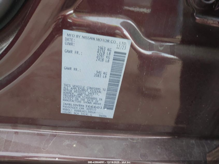 2024 Nissan Altima Sv Fwd VIN: 1N4BL4DV8RN366601 Lot: 43984091