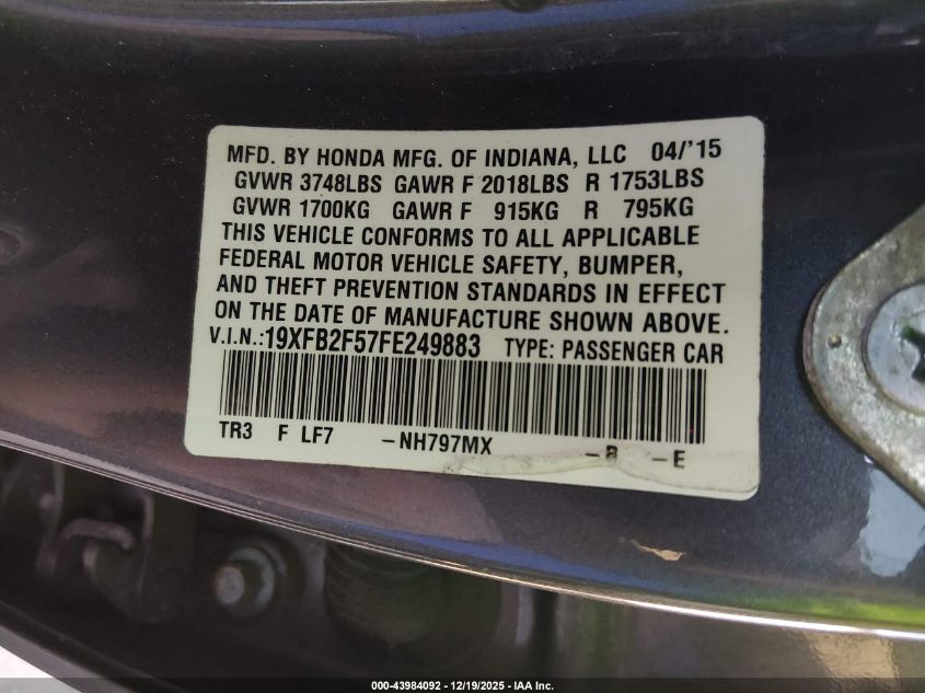 2015 Honda Civic Lx VIN: 19XFB2F57FE249883 Lot: 43984092