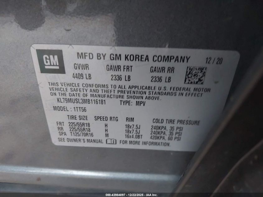 2021 Chevrolet Trailblazer Awd Rs VIN: KL79MUSL3MB116181 Lot: 43984097