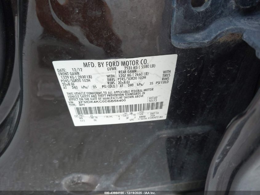 2013 Ford Edge Limited VIN: 2FMDK4KC0DBB58400 Lot: 43984100