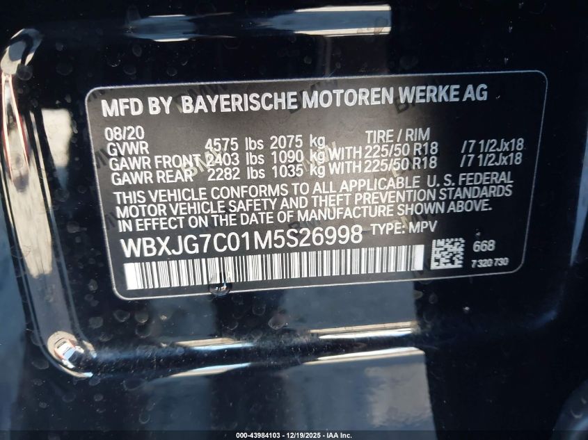 2021 BMW X1 Sdrive28I VIN: WBXJG7C01M5S26998 Lot: 43984103