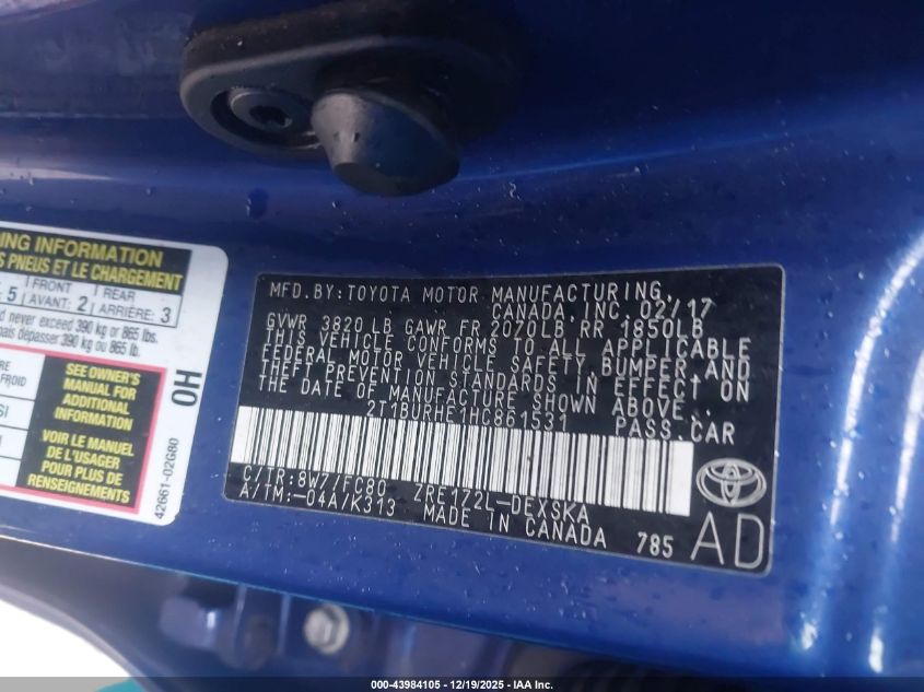 2017 Toyota Corolla Se VIN: 2T1BURHE1HC861531 Lot: 43984105