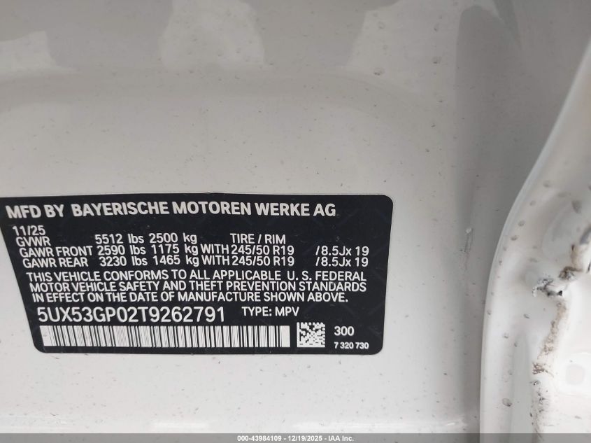 2026 BMW X3 30 xDrive VIN: 5UX53GP02T9262791 Lot: 43984109