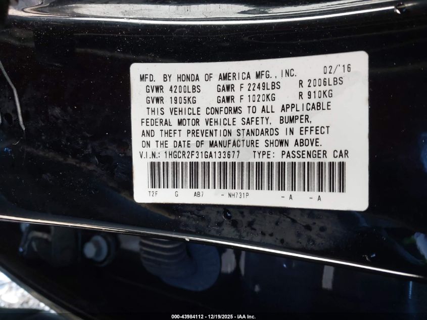 2016 Honda Accord Lx VIN: 1HGCR2F31GA133677 Lot: 43984112