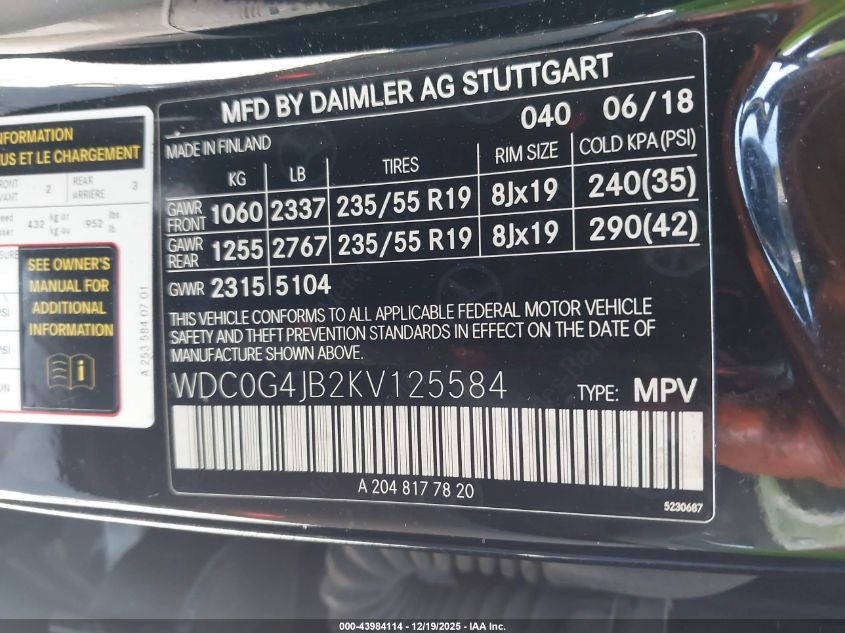 2019 Mercedes-Benz Glc 300 VIN: WDC0G4JB2KV125584 Lot: 43984114