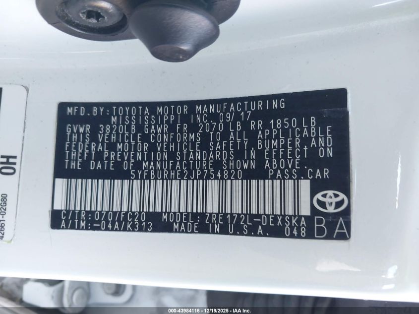 2018 Toyota Corolla Se VIN: 5YFBURHE2JP754820 Lot: 43984116