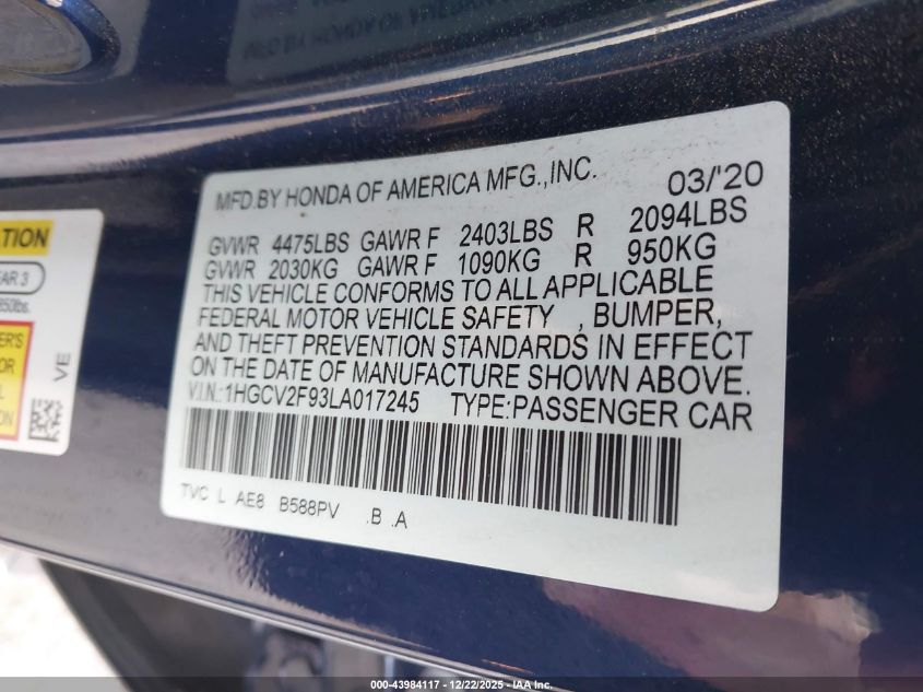 2020 Honda Accord Touring VIN: 1HGCV2F93LA017245 Lot: 43984117