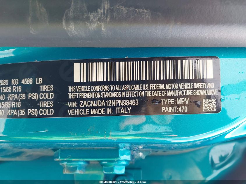 2022 Jeep Renegade Sport 4X4 VIN: ZACNJDA12NPN98463 Lot: 43984120
