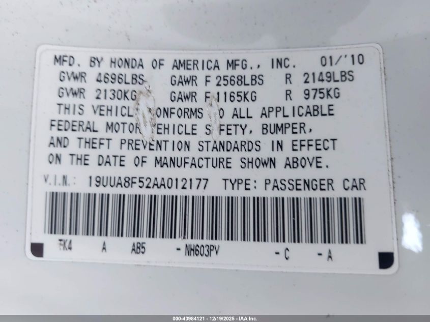 2010 Acura Tl 3.5 VIN: 19UUA8F52AA012177 Lot: 43984121