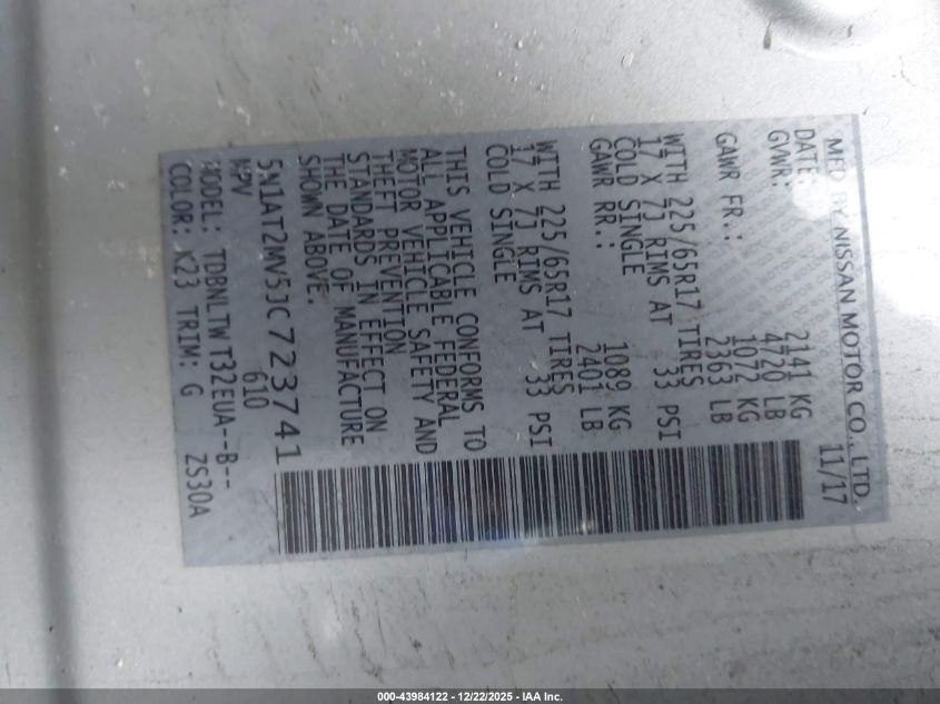 2018 Nissan Rogue Sv VIN: 5N1AT2MV5JC723741 Lot: 43984122