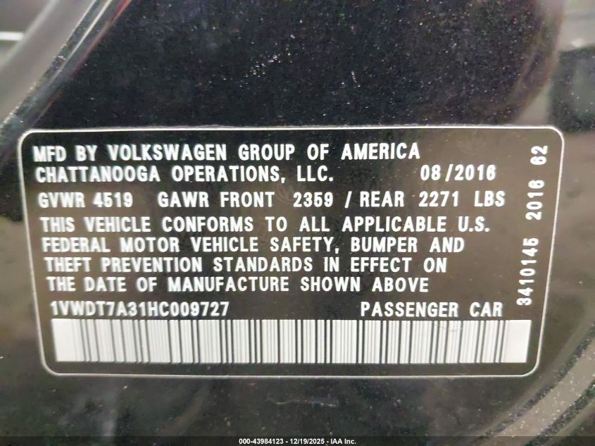 2017 Volkswagen Passat 1.8T R-Line VIN: 1VWDT7A31HC009727 Lot: 43984123