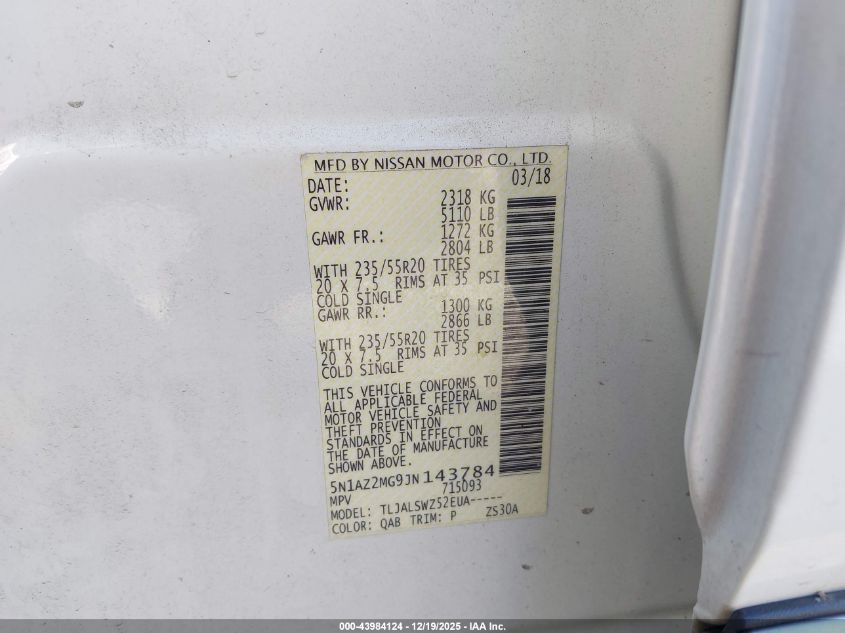 2018 Nissan Murano Platinum VIN: 5N1AZ2MG9JN143784 Lot: 43984124