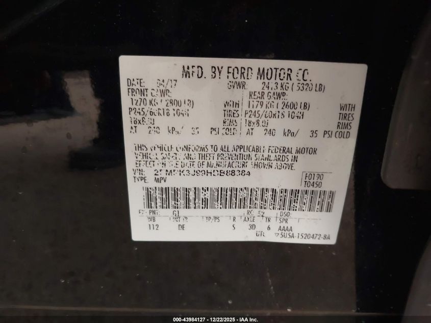 2017 Ford Edge Sel VIN: 2FMPK3J99HBB88384 Lot: 43984127