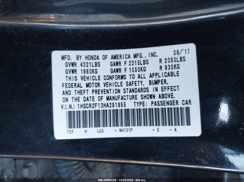 2017 Honda Accord Sport Se VIN: 1HGCR2F13HA291955 Lot: 43984129