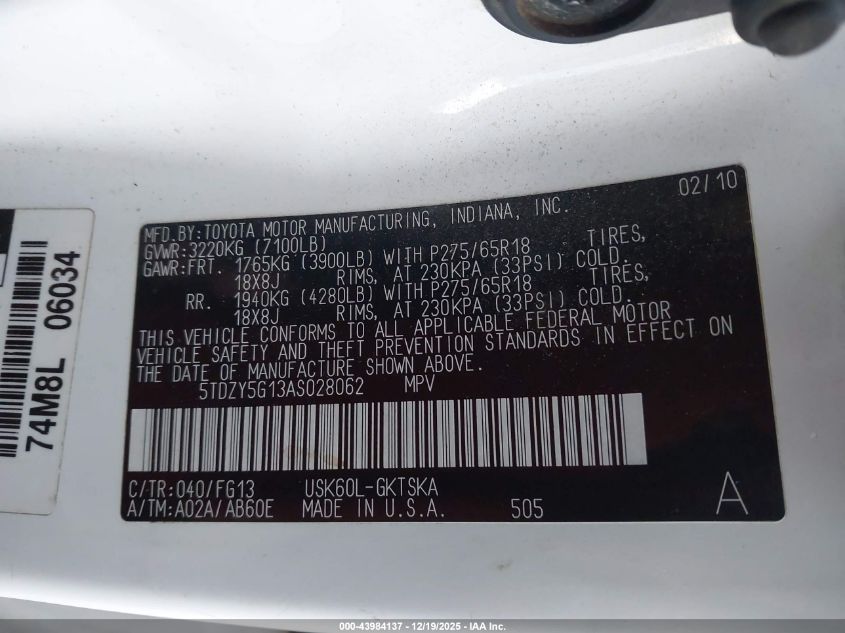 2010 Toyota Sequoia Sr5 5.7L V8 VIN: 5TDZY5G13AS028062 Lot: 43984137