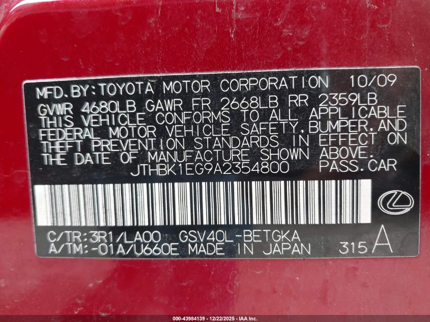 2010 Lexus Es 350 VIN: JTHBK1EG9A2354800 Lot: 43984139