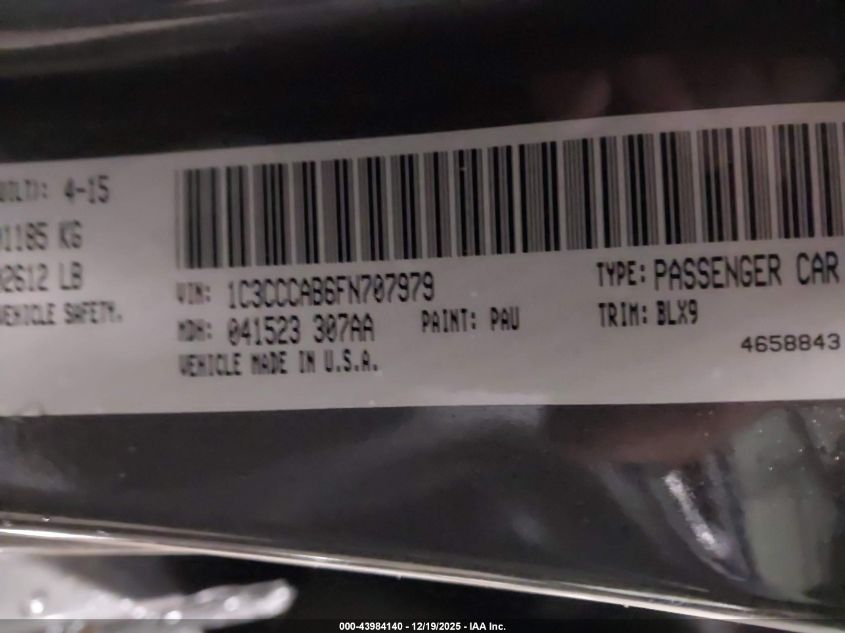 2015 Chrysler 200 Limited VIN: 1C3CCCAB6FN707979 Lot: 43984140