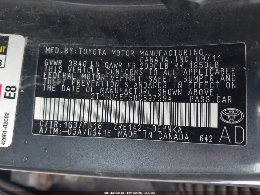 2011 Toyota Corolla Le VIN: 2T1BU4EE9BC697394 Lot: 43984143