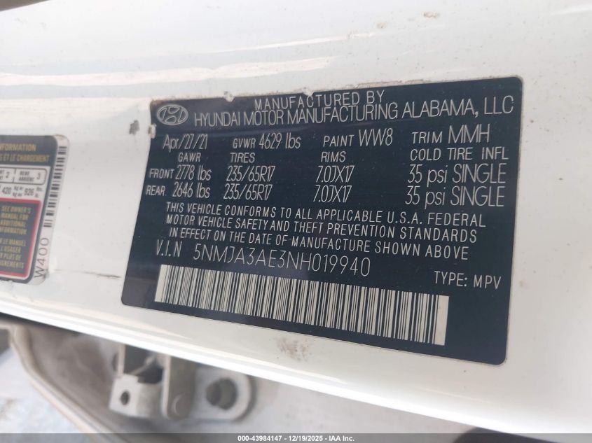 2022 Hyundai Tucson Se VIN: 5NMJA3AE3NH019940 Lot: 43984147