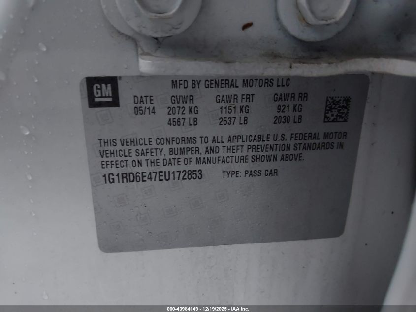 2014 Chevrolet Volt VIN: 1G1RD6E47EU172853 Lot: 43984149