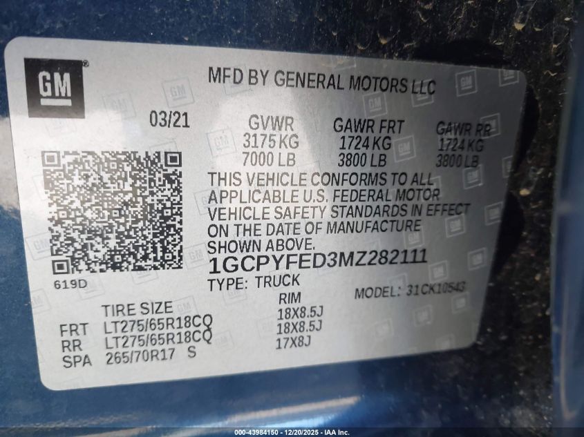 2021 Chevrolet Silverado 1500 4Wd Short Bed Lt Trail Boss VIN: 1GCPYFED3MZ282111 Lot: 43984150