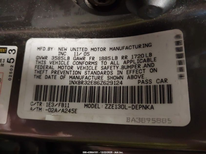 2006 Toyota Corolla Le VIN: 1NXBR32E86Z629124 Lot: 43984151