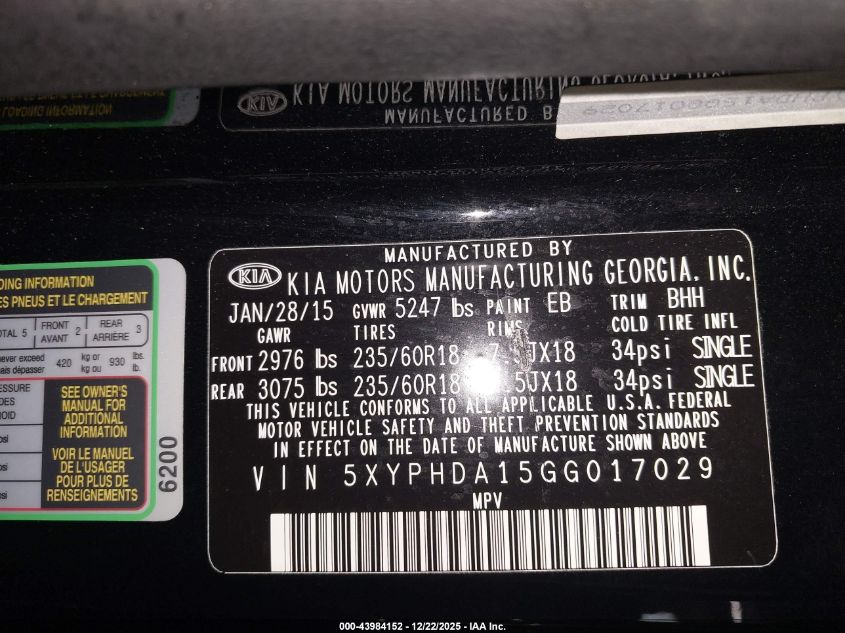 2016 Kia Sorento 2.0T Ex VIN: 5XYPHDA15GG017029 Lot: 43984152