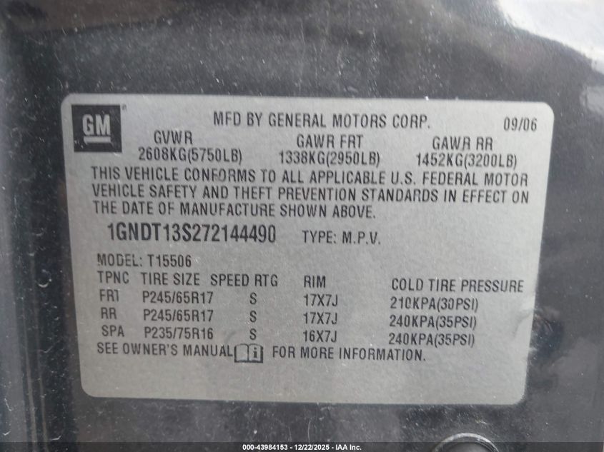 2007 Chevrolet Trailblazer Ls VIN: 1GNDT13S272144490 Lot: 43984153