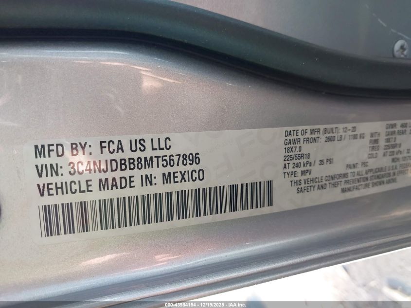 2021 Jeep Compass Altitude 4X4 VIN: 3C4NJDBB8MT567896 Lot: 43984154