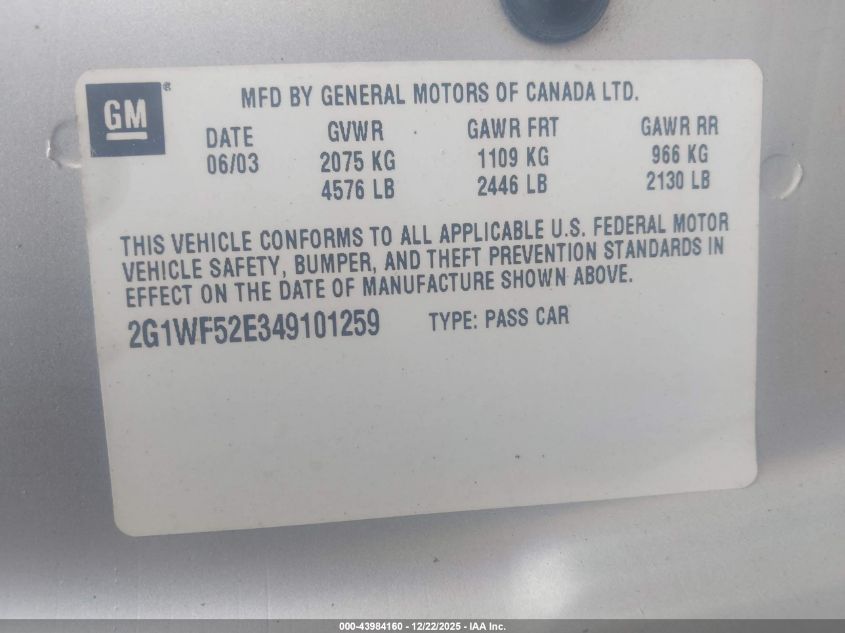 2004 Chevrolet Impala VIN: 2G1WF52E349101259 Lot: 43984160