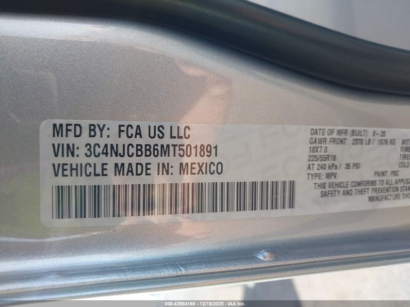 2021 Jeep Compass Altitude Fwd VIN: 3C4NJCBB6MT501891 Lot: 43984168