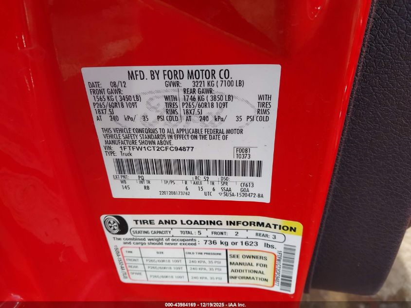 2012 Ford F-150 Fx2 VIN: 1FTFW1CT2CFC94877 Lot: 43984169