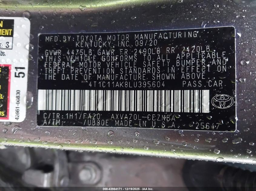 2020 Toyota Camry Le VIN: 4T1C11AK8LU395604 Lot: 43984171