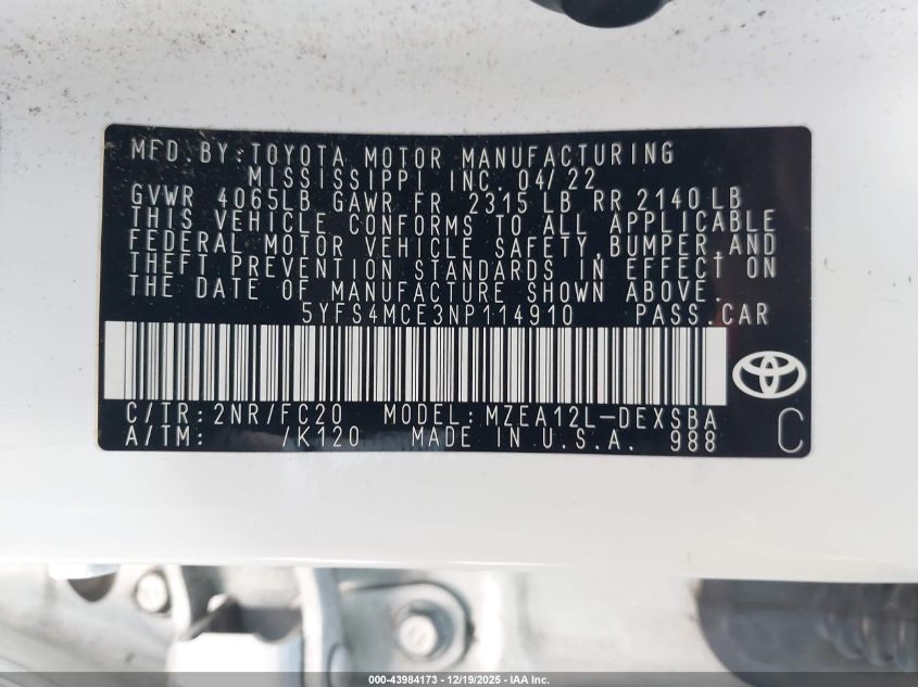 2022 Toyota Corolla Se VIN: 5YFS4MCE3NP114910 Lot: 43984173