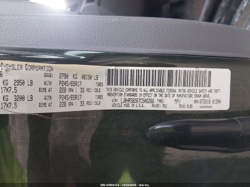 2007 Jeep Grand Cherokee Limited VIN: 1J8HR58267C506266 Lot: 43984174