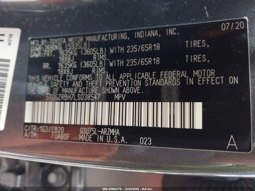 2020 Toyota Highlander Xle VIN: 5TDGZRBH7LS038547 Lot: 43984176