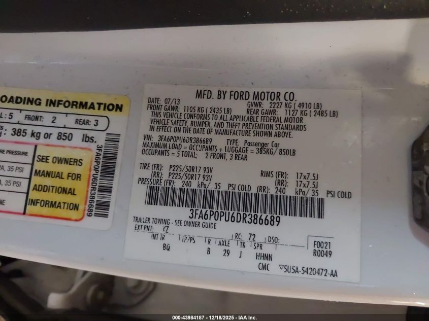 2013 Ford Fusion Energi Se Luxury VIN: 3FA6P0PU6DR386689 Lot: 43984187