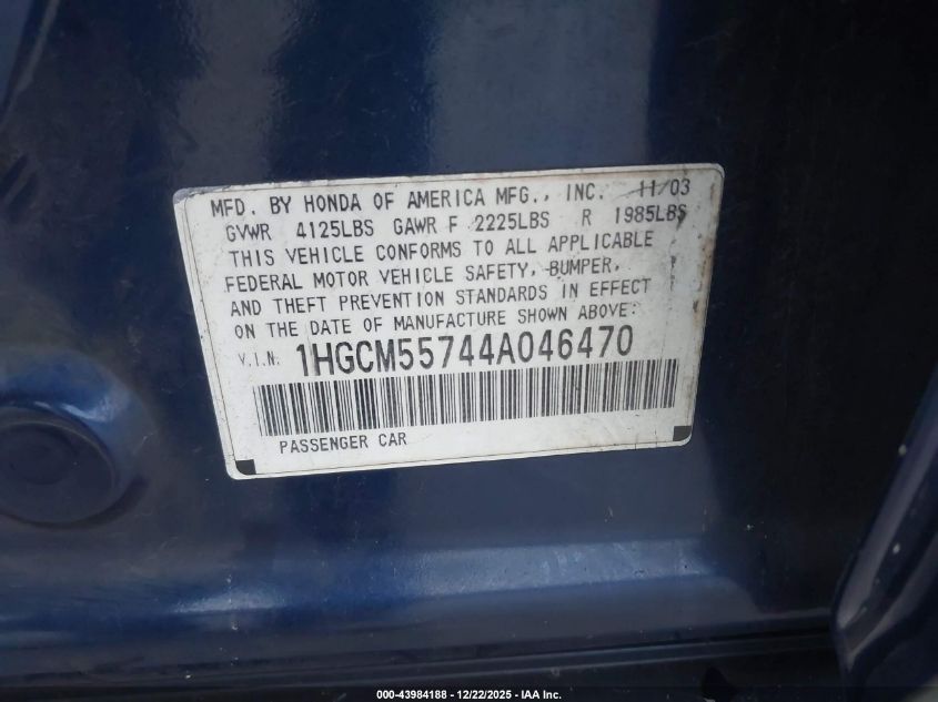 2004 Honda Accord 2.4 Ex VIN: 1HGCM55744A046470 Lot: 43984188