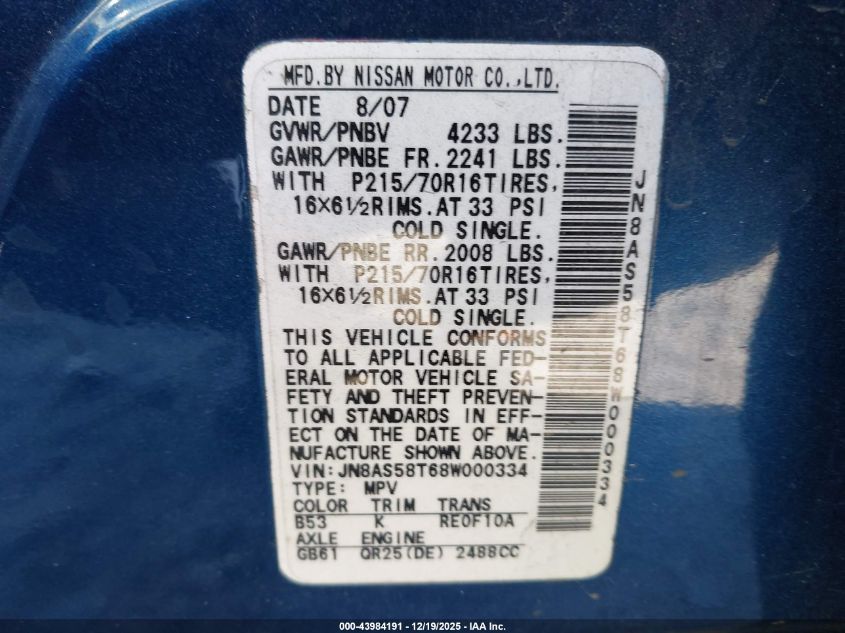 2008 Nissan Rogue S VIN: JN8AS58T68W000334 Lot: 43984191