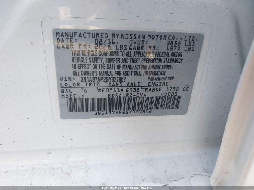 2016 Nissan Sentra Sr VIN: 3N1AB7AP2GY327862 Lot: 43984193