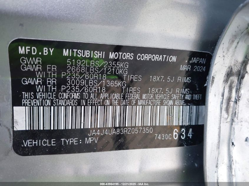 2024 Mitsubishi Outlander Es 2.5 S-Awc VIN: JA4J4UA83RZ057350 Lot: 43984195