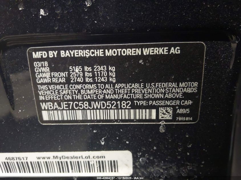 2018 BMW 540I xDrive VIN: WBAJE7C58JWD52182 Lot: 43984197