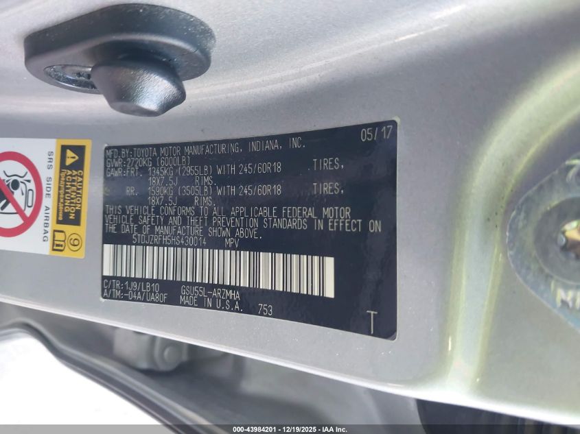 2017 Toyota Highlander Xle VIN: 5TDJZRFH5HS430014 Lot: 43984201