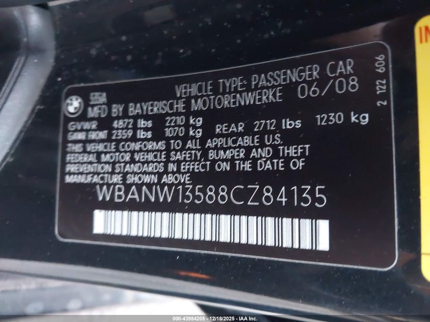 2008 BMW 535I VIN: WBANW13588CZ84135 Lot: 43984205