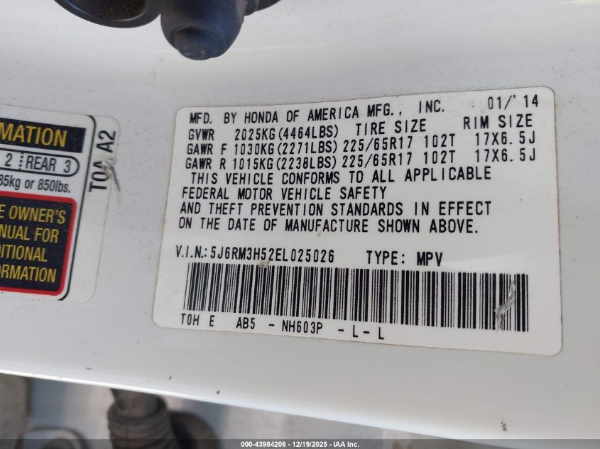 2014 Honda Cr-V Ex VIN: 5J6RM3H52EL025026 Lot: 43984206