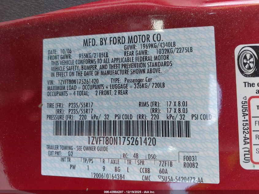 2007 Ford Mustang V6 Deluxe/V6 Premium VIN: 1ZVFT80N175261420 Lot: 43984207