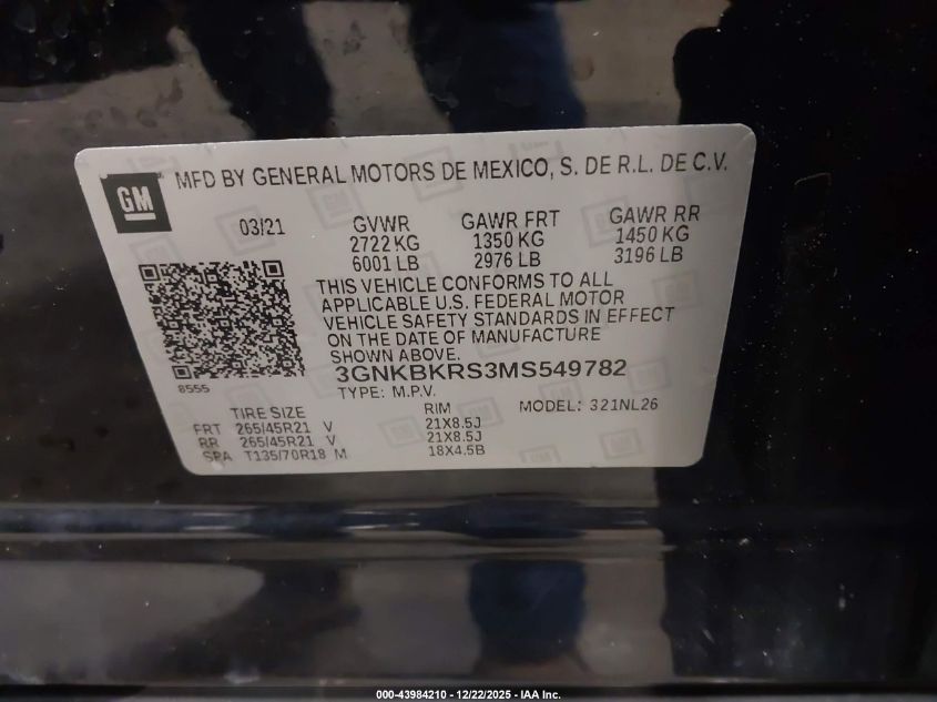 2021 Chevrolet Blazer Awd Rs VIN: 3GNKBKRS3MS549782 Lot: 43984210