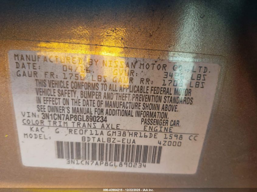 2016 Nissan Versa 1.6 Sv VIN: 3N1CN7AP8GL890234 Lot: 43984215